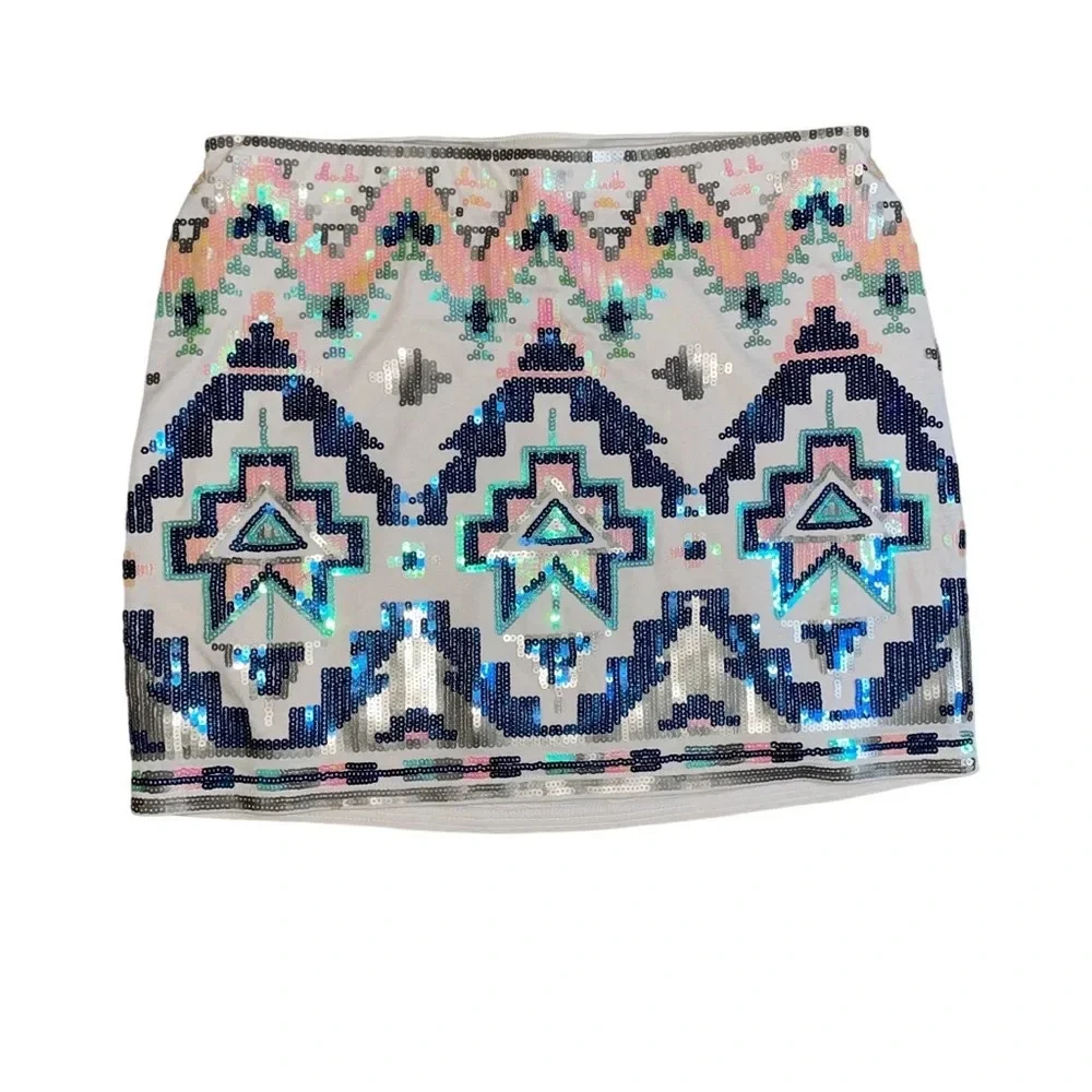 Express Aztec Sequin Tribal Cream Mini Skirt Size XS Colorful Boho Southwestern